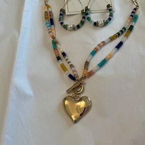 Gold Heart Necklace and beaded earrings